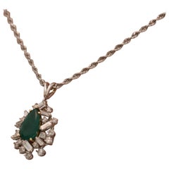 Retro 1960s Emerald and Diamond Pendant Necklace in 14 Karat Gold