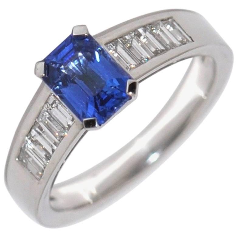 Blue Sapphire and White Diamonds White Gold Ring