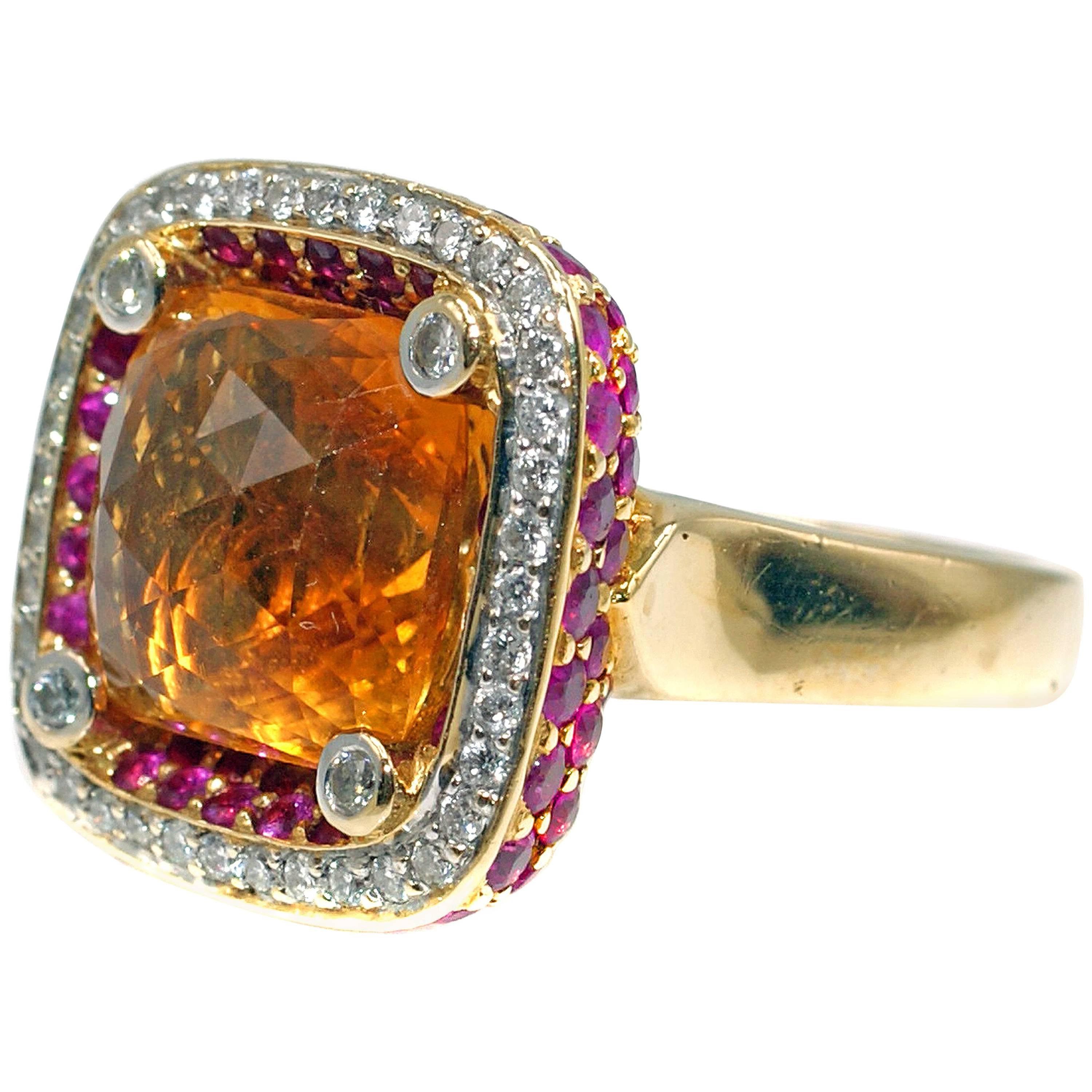 3.12 Carat Rose Cut Faceted Citrine Diamond and Pink Sapphire Gold Ring