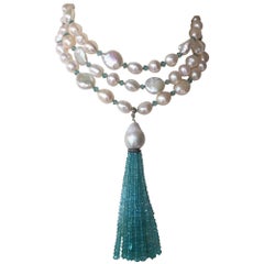 Blue Topaz, 14 Karat White Gold, and Pearl Sautoir with Tassel by Marina J Blue Topaz, 14 Karat White Gold, and Pearl Sautoir with Tassel by Marina J