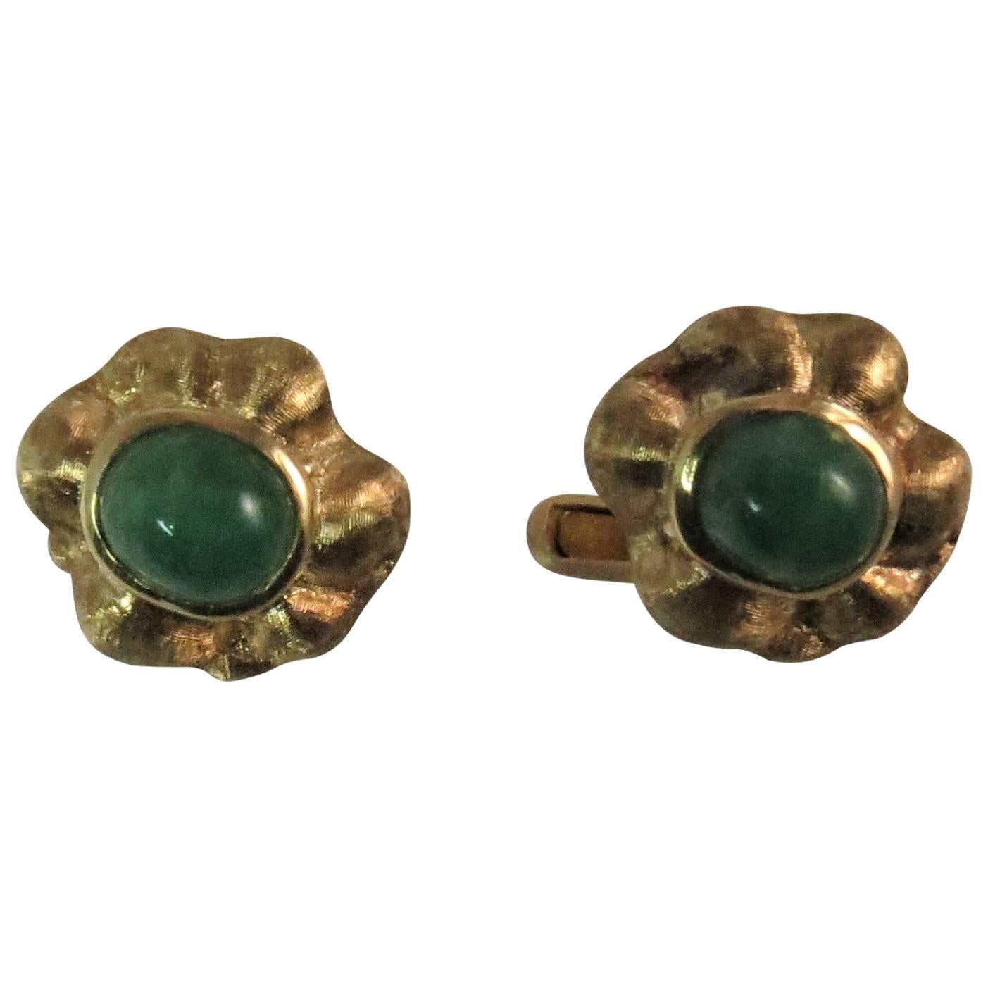 18K Yellow Gold Cufflinks, Florentine Finish with Cabochon Emeralds For Sale