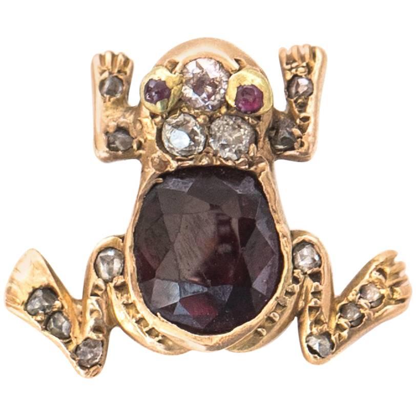 1890s Victorian Frog Charm with Diamonds, Rubies, Garnet in 9 Karat Yellow Gold