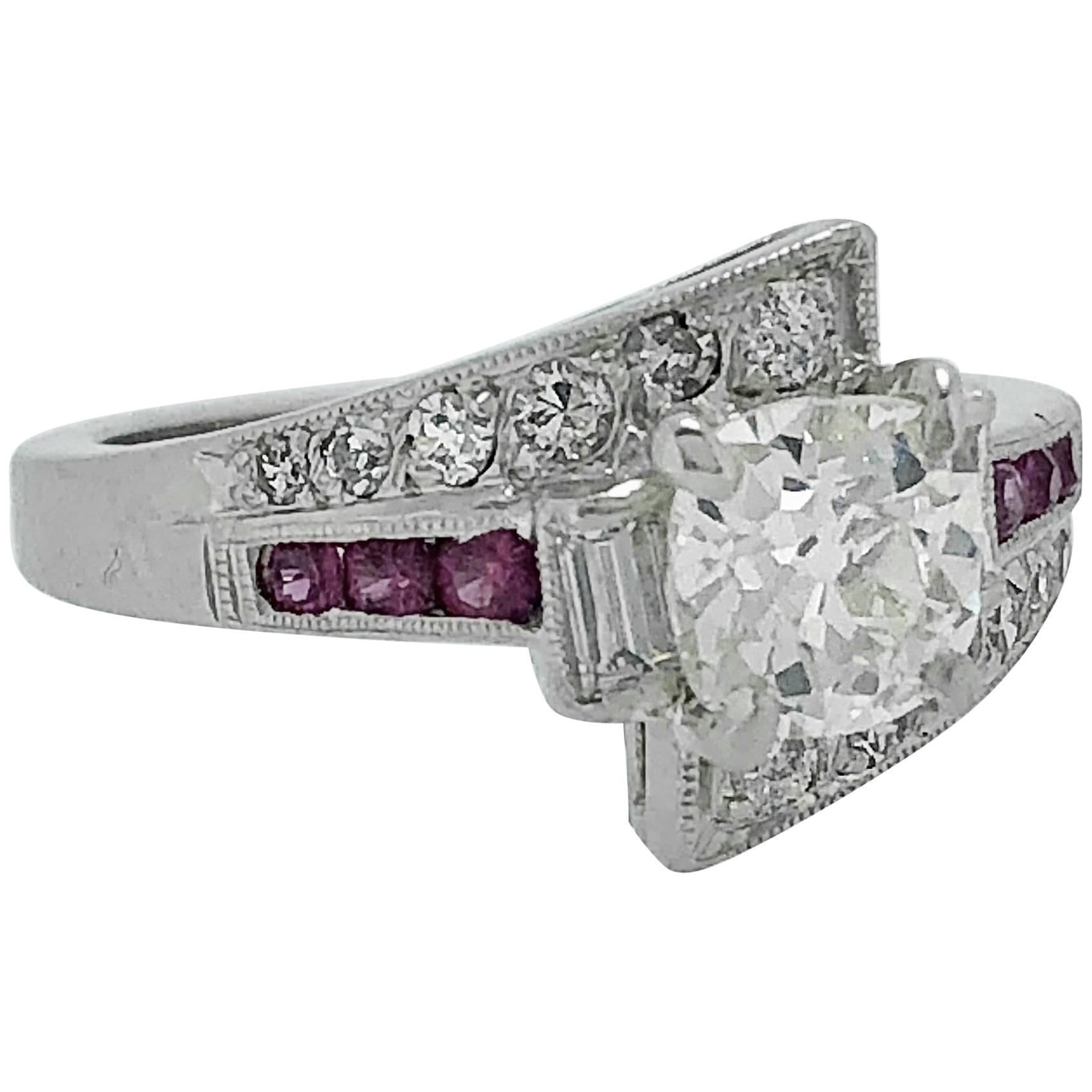 1.03 Carat Diamond Pink Sapphire Platinum Antique Engagement Ring