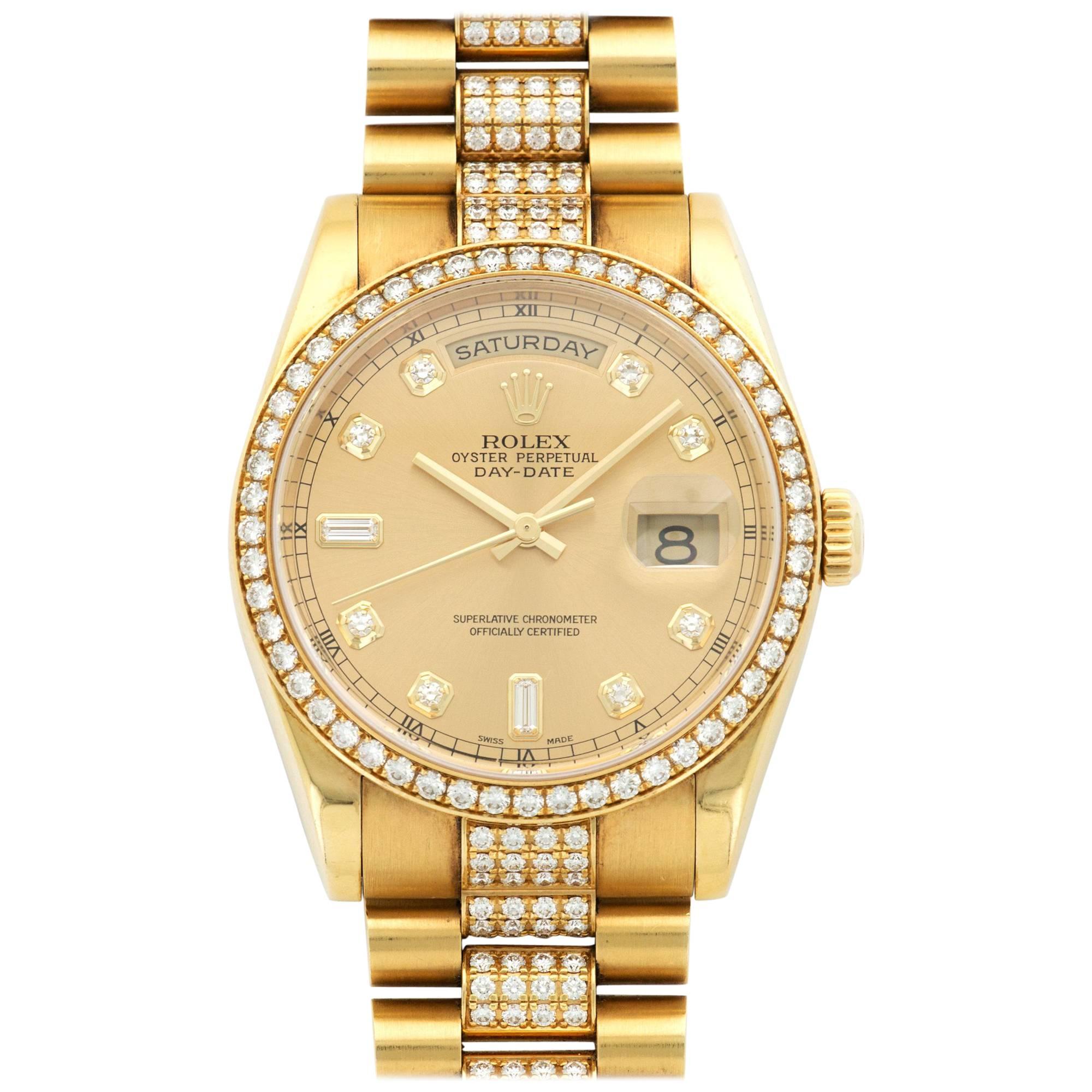 Rolex Yellow Gold Pave Diamond Day-Date Automatic Wristwatch Ref 118348 For Sale