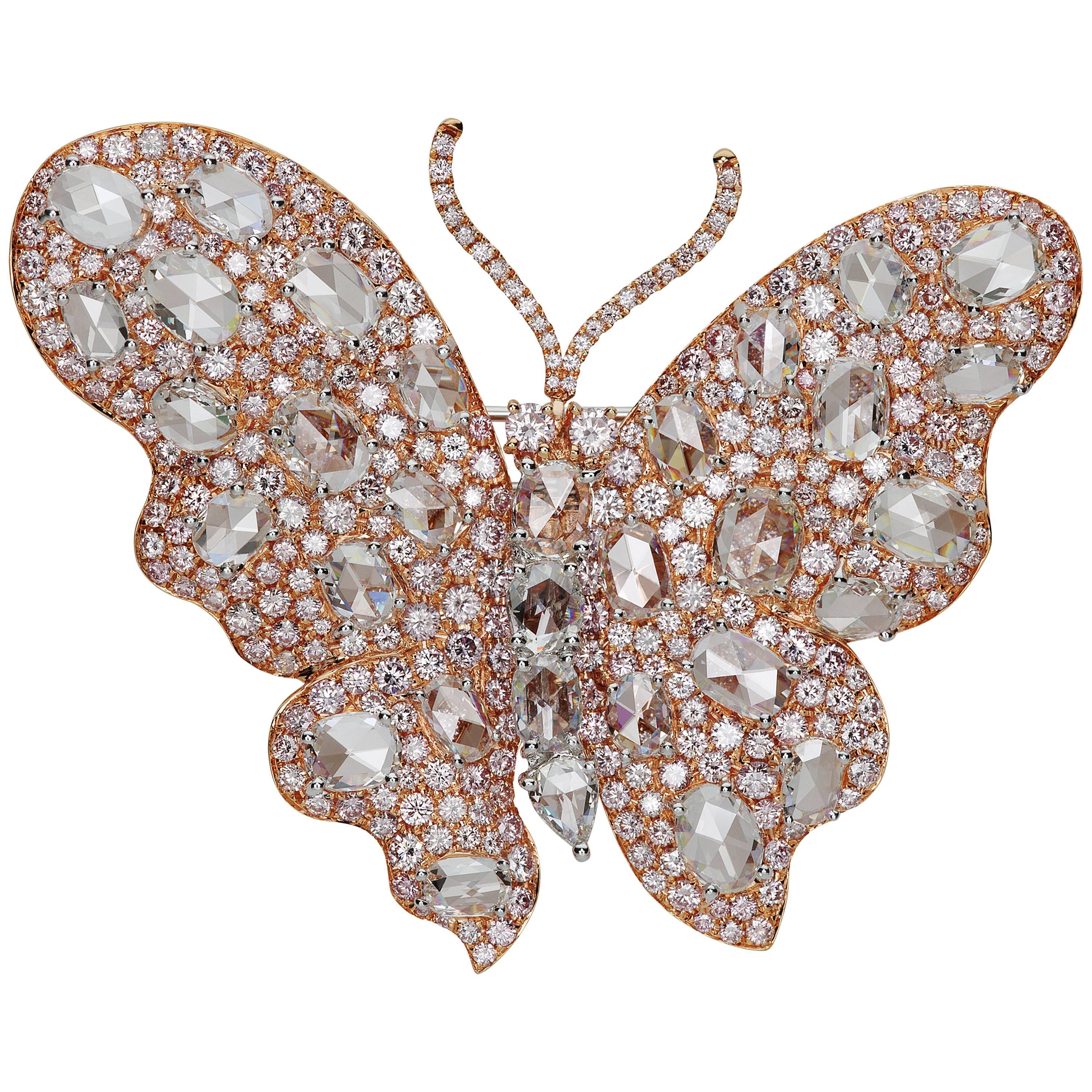 Butterfly White Diamond and Pink Diamond Rose Gold Brooch