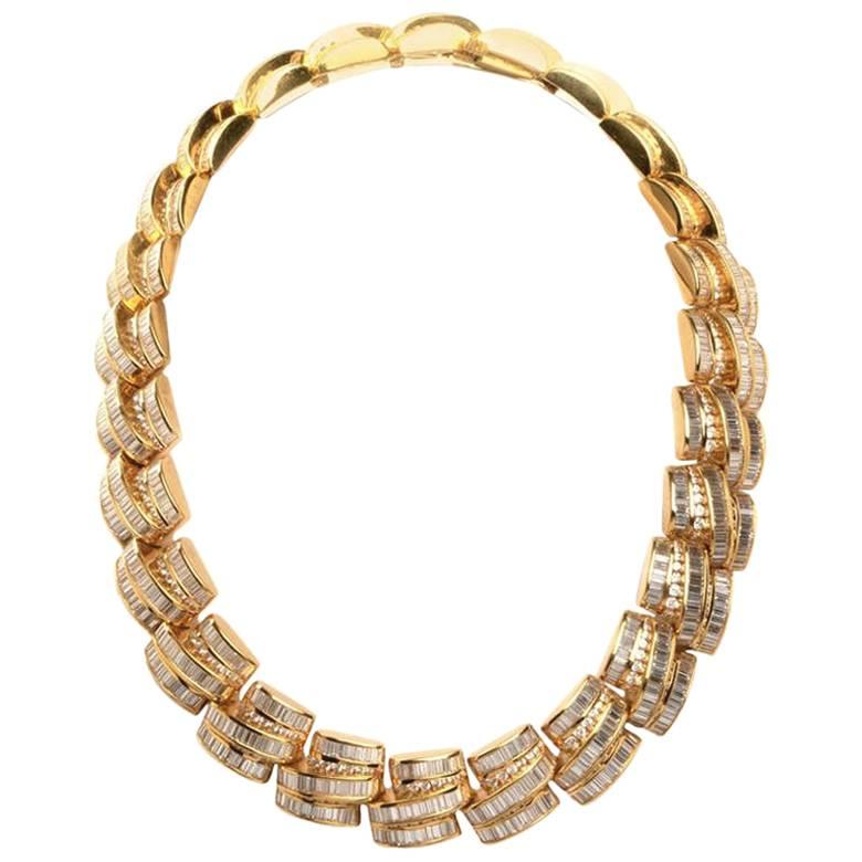 1980s Charles Ckrypell Baguette Diamond Yellow Gold Chocker Necklace