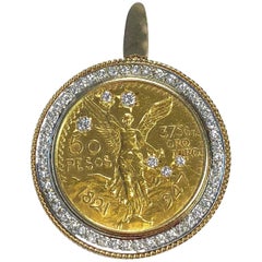 Vintage 50 Pesos Centenario Coin 3.5 Carats of Diamonds Large Pendant 