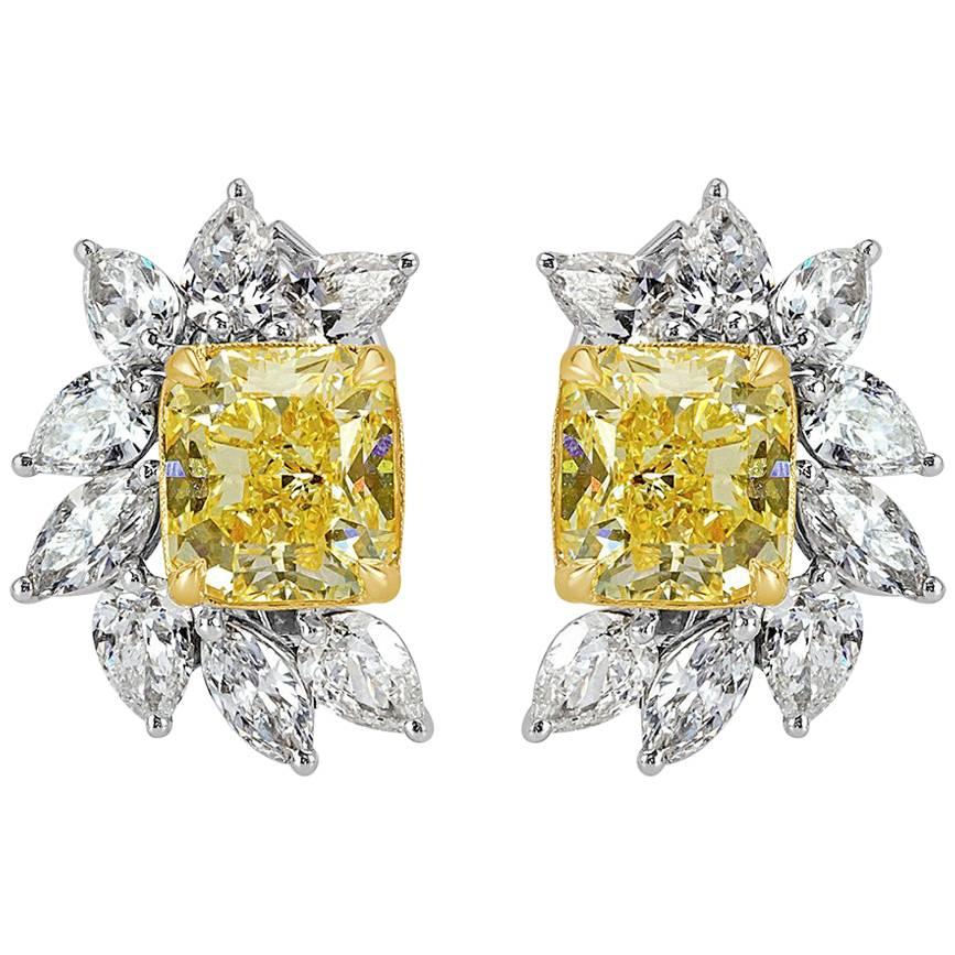 Mark Broumand 8.82 Carat Fancy Yellow Radiant and Marquise Cut Diamond Earrings