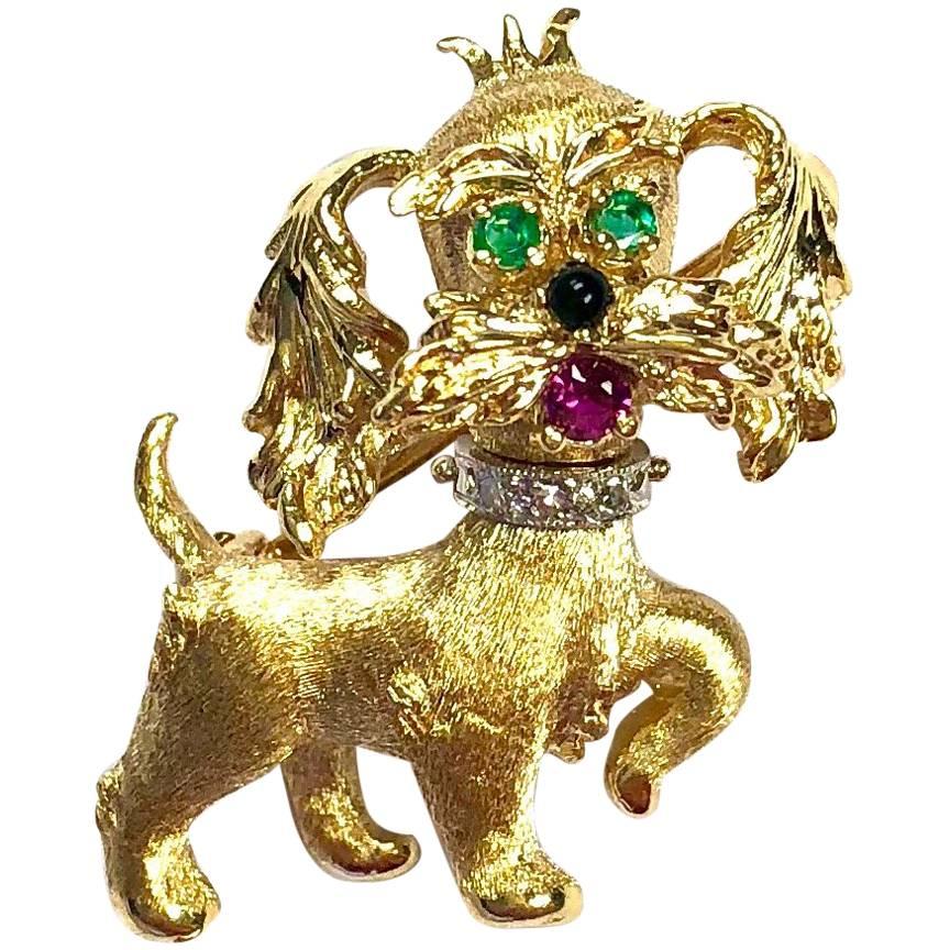 Vintage Dan Frere Diamond Emerald Ruby Dog Yellow Gold  Pin Brooch