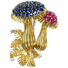 Retro Yellow Gold Sapphire Ruby and Diamond Mushroom Brooch