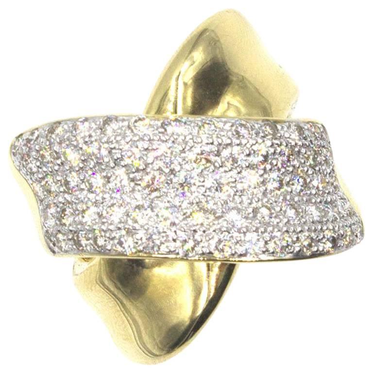 Modern Diamond Crossover 18 Karat Yellow Gold Wide Band Ring
