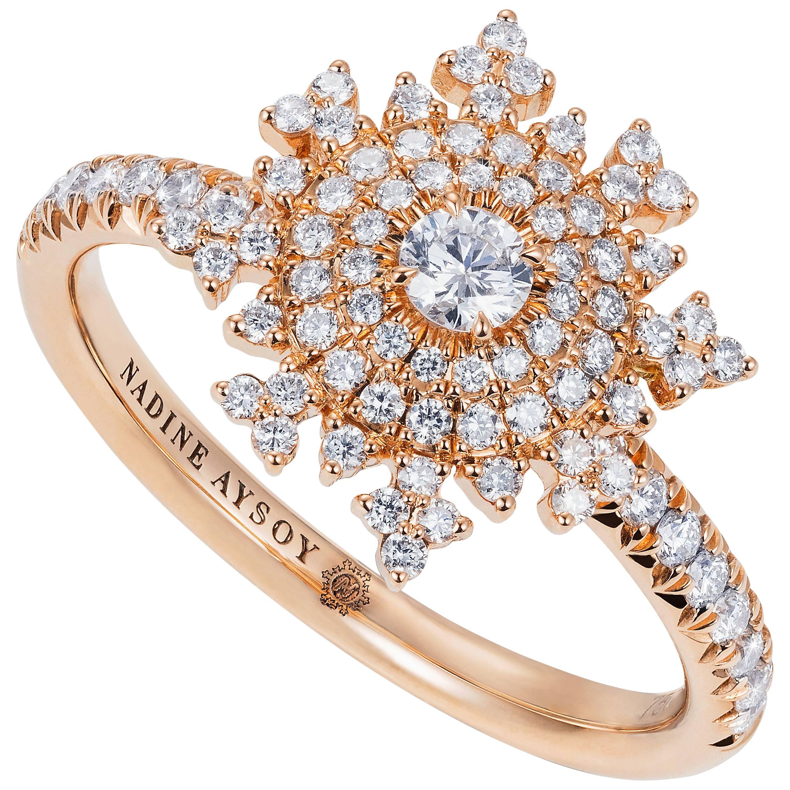 Nadine Aysoy 18 Karat Rose Gold and White Diamond Snowflake Engagement Ring For Sale