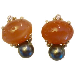 Michael Kneebone Peach Moonstone Tahitian Pearl Diamond Earrings