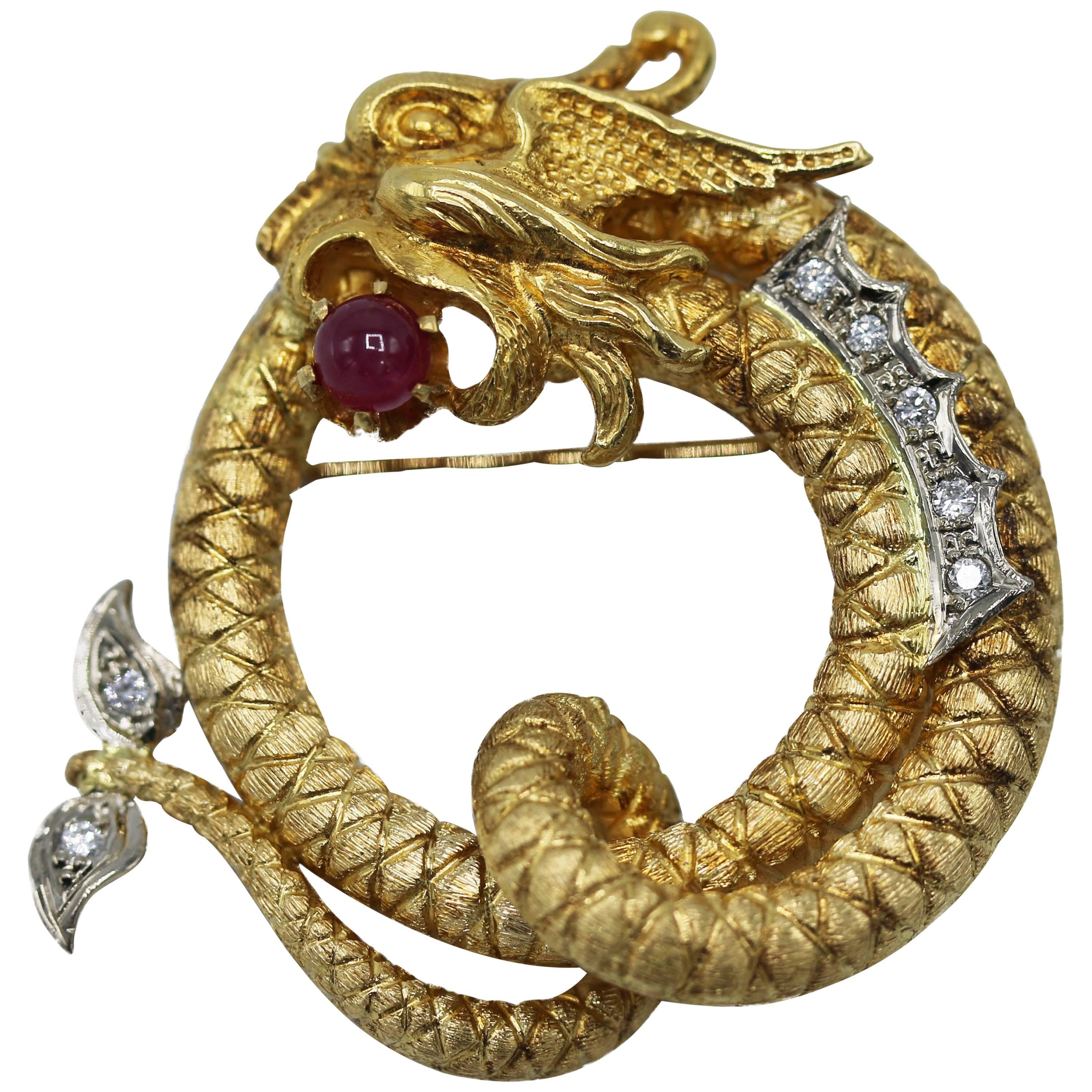 Lalaounis Diamond, Ruby and Gold Dragon Brooch