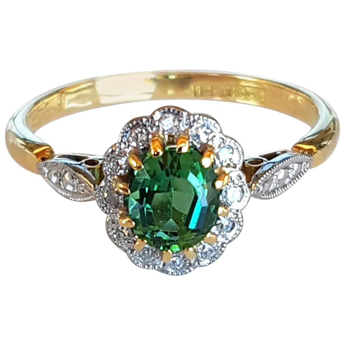 Art Deco Green Tourmaline and Diamond Ladies Cluster Dress Ring For Sale