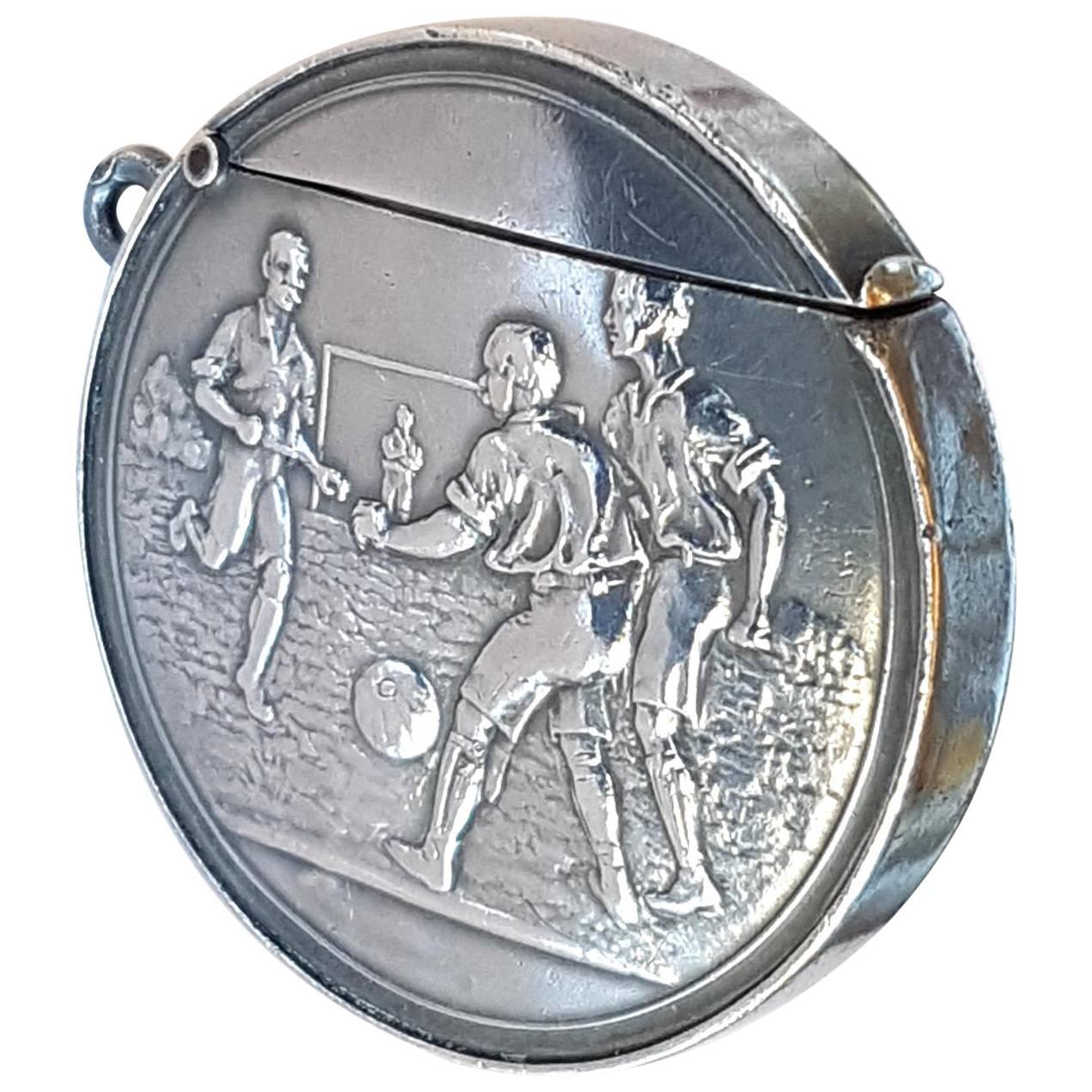 Sterling Silver Edwardian Novelty Soccer Football Vesta Case Match Holder, 1907 For Sale