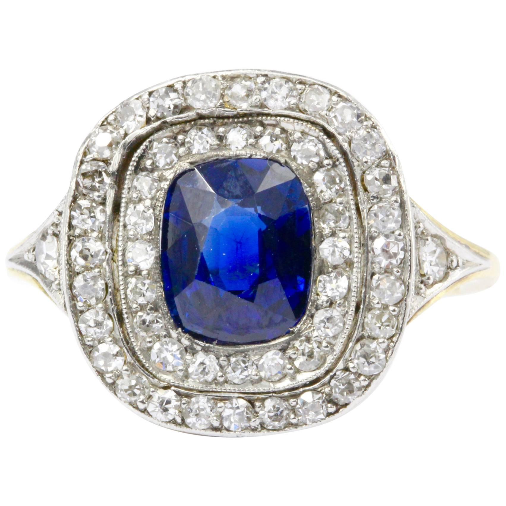 Edwardian Gold Natural 1.75 Carat Blue Australian Sapphire Diamond Ring