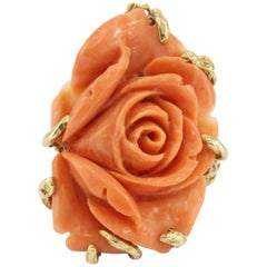 Retro 14K Yellow Gold Coral Carved Flower Cocktail Ring Size 7