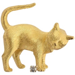 Vintage Craig Drake Gold Cat Brooch with Diamond