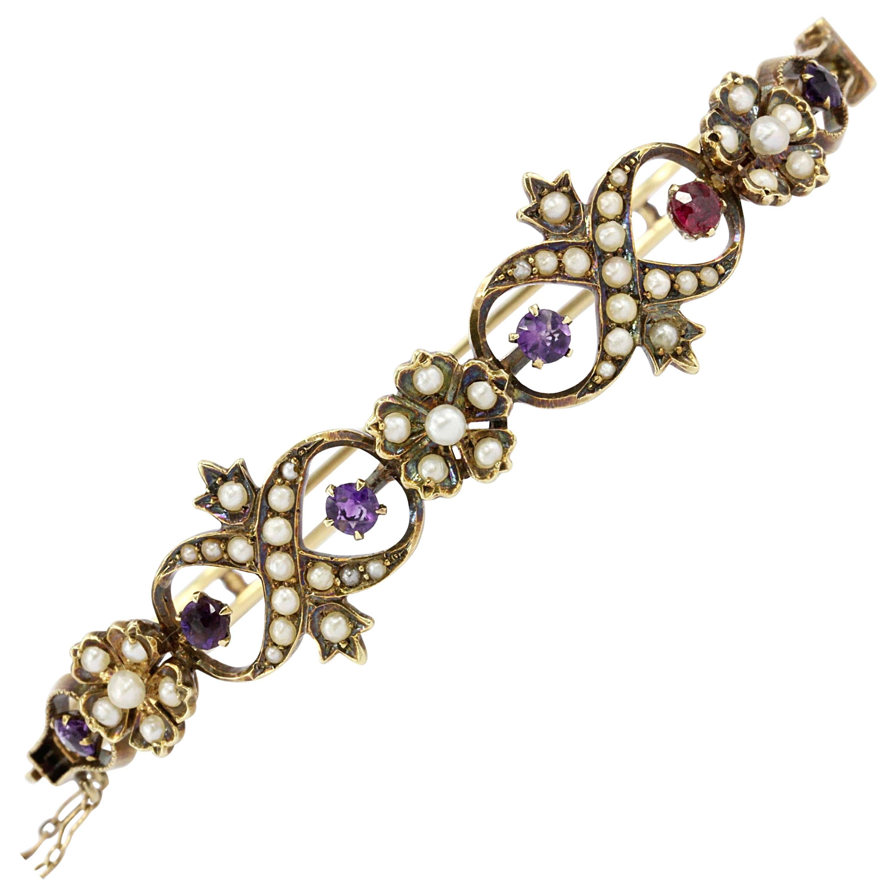 Victorian Yellow Gold Amethyst Ruby Seed Pearl Bangle Bracelet
