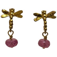 18 Karat Dragonfly and Pink Tourmaline Earrings