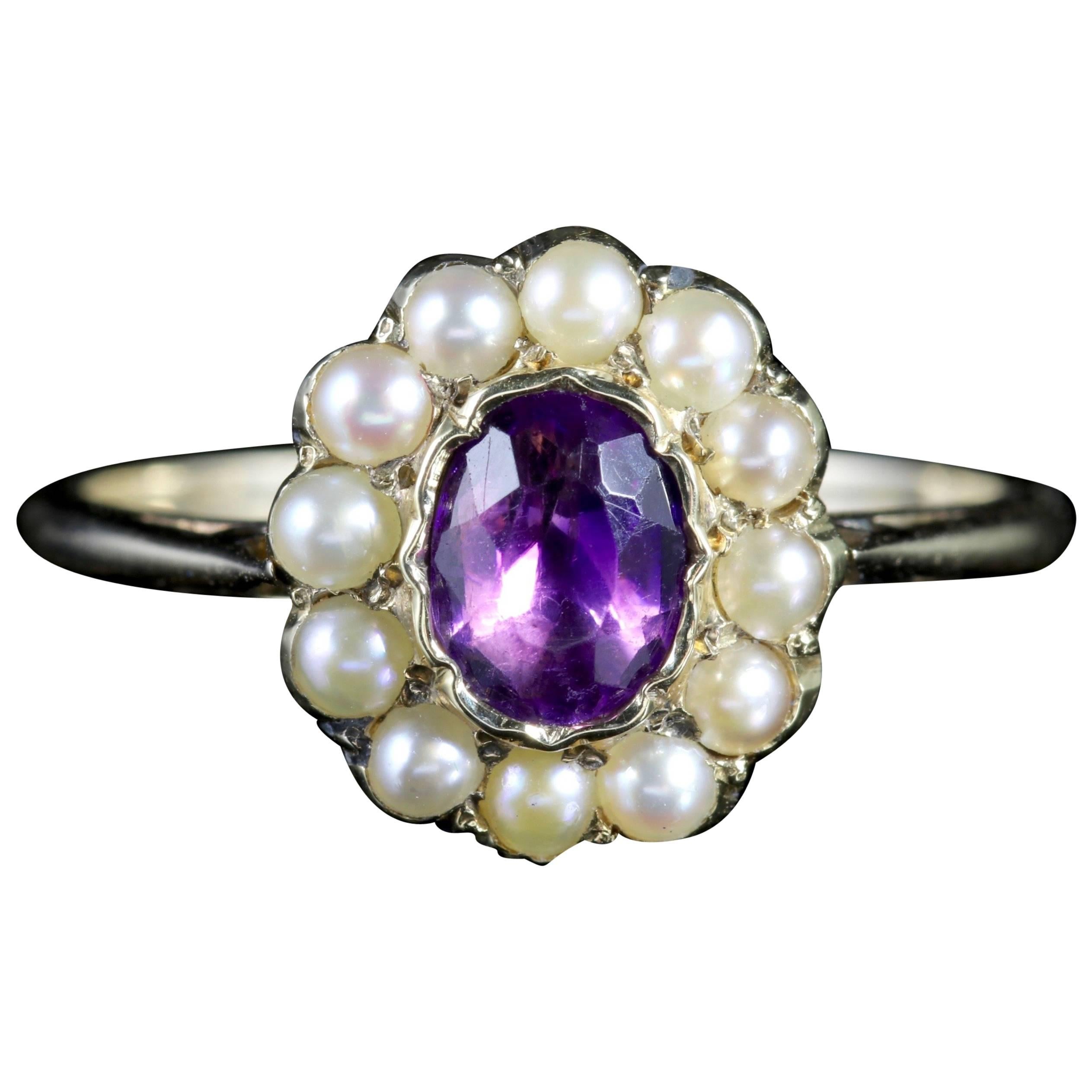 Antique Victorian Amethyst Pearl Cluster Ring 18ct Gold, circa 1900