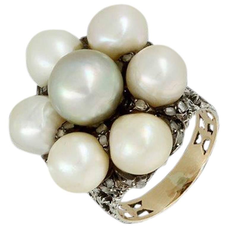 Buccellati Pearls Ring in 18 Carat Gold, Diamonds and Pearls For Sale