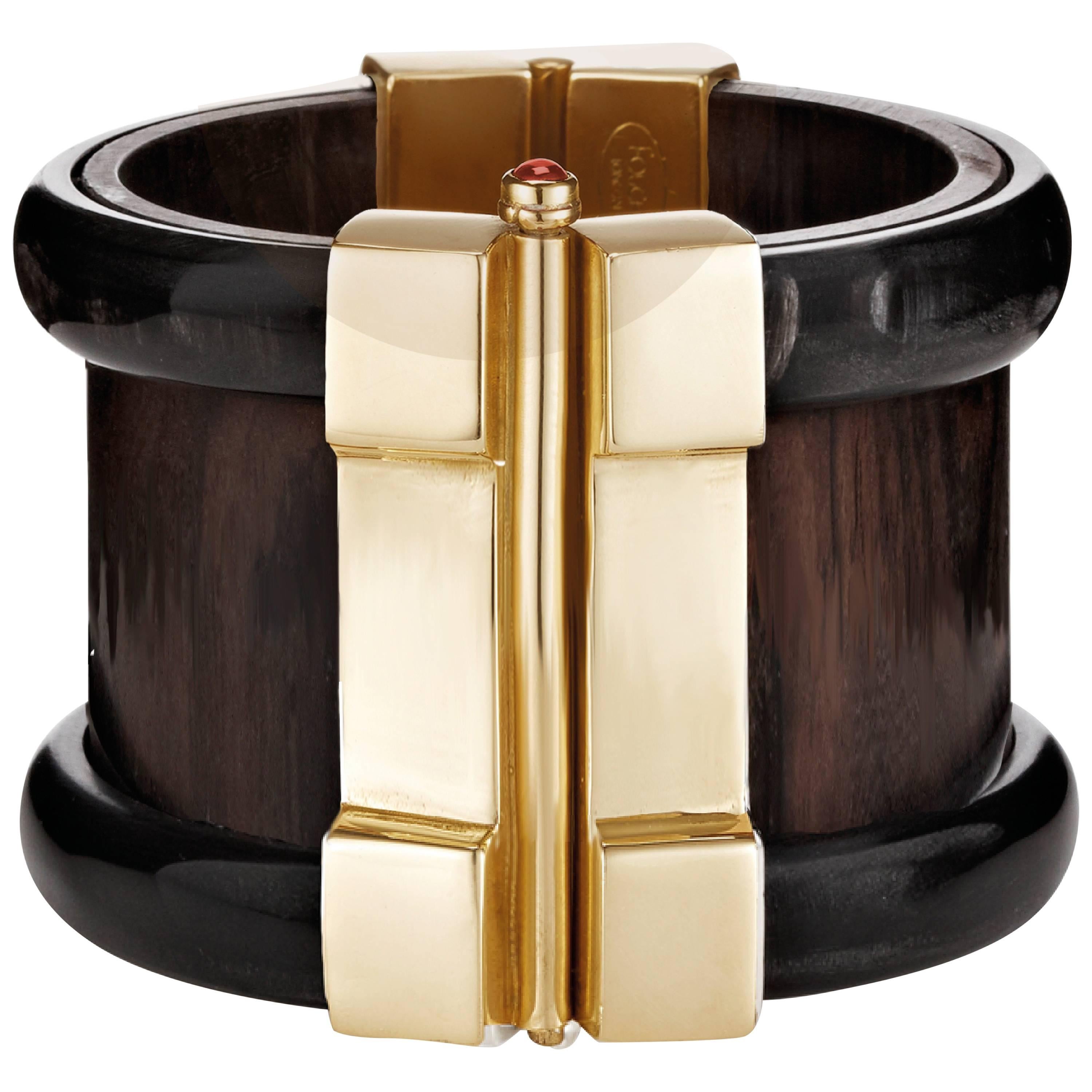 Fouché Cuff Bracelet Art Deco Gold Horn Wood Emerald Ruby Sapphire For Sale