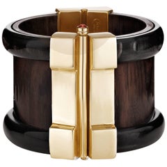Fouché Cuff Bracelet Art Deco Gold Horn Wood Emerald Ruby Sapphire