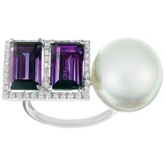 Nadine Aysoy 18K White Gold Double Baguette Amethyst and South Sea Pearl Ring