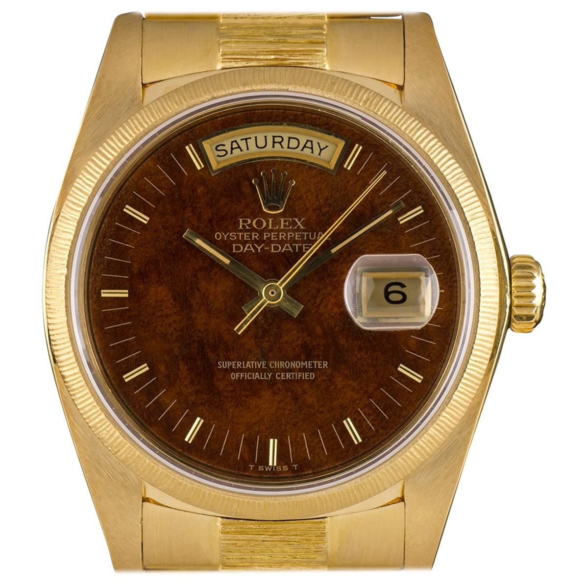 Rolex Yellow Gold Day-Date Bark Finish Wood Dial Automatic Wristwatch Ref 18078