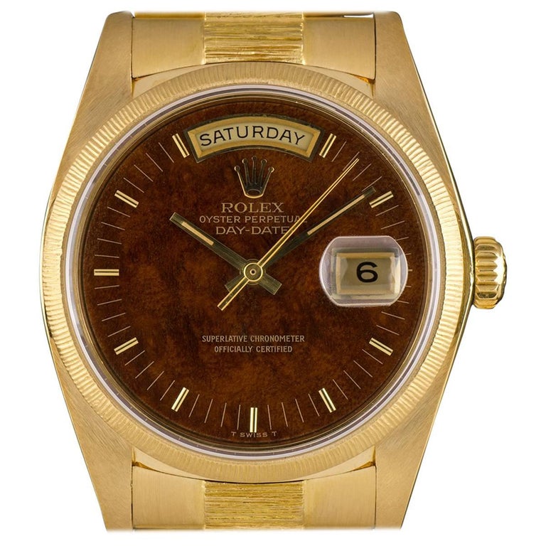 Rolex Yellow Gold DayDate Bark Finish Wood Dial Automatic Wristwatch