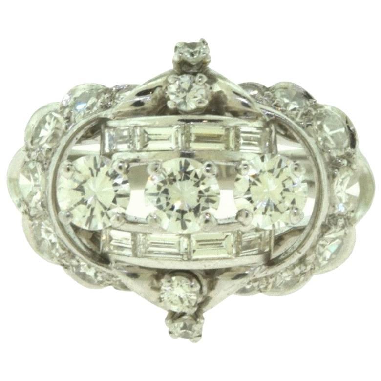 Antique Round and Baguette Diamond Cluster White Gold 18k Ring For Sale