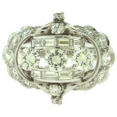 Antique Round and Baguette Diamond Cluster White Gold 18k Ring