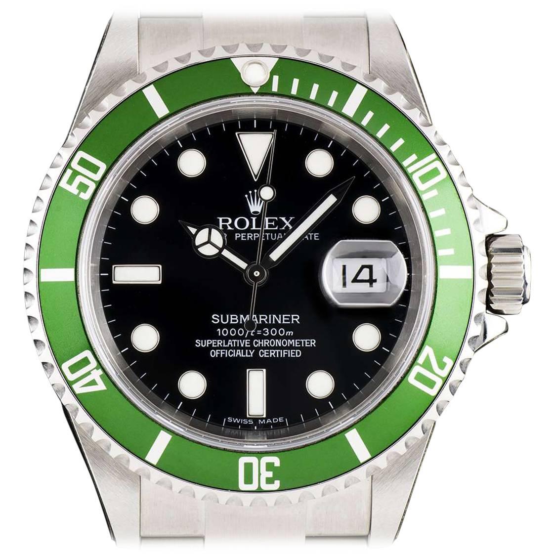 Rolex Stainless Steel Submariner Date Black Dial Green Bezel Automatic Watch