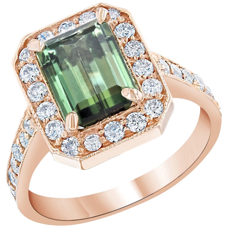 3.03 Carat Emerald Cut Green Tourmaline Diamond Bridal Rose Gold Ring
