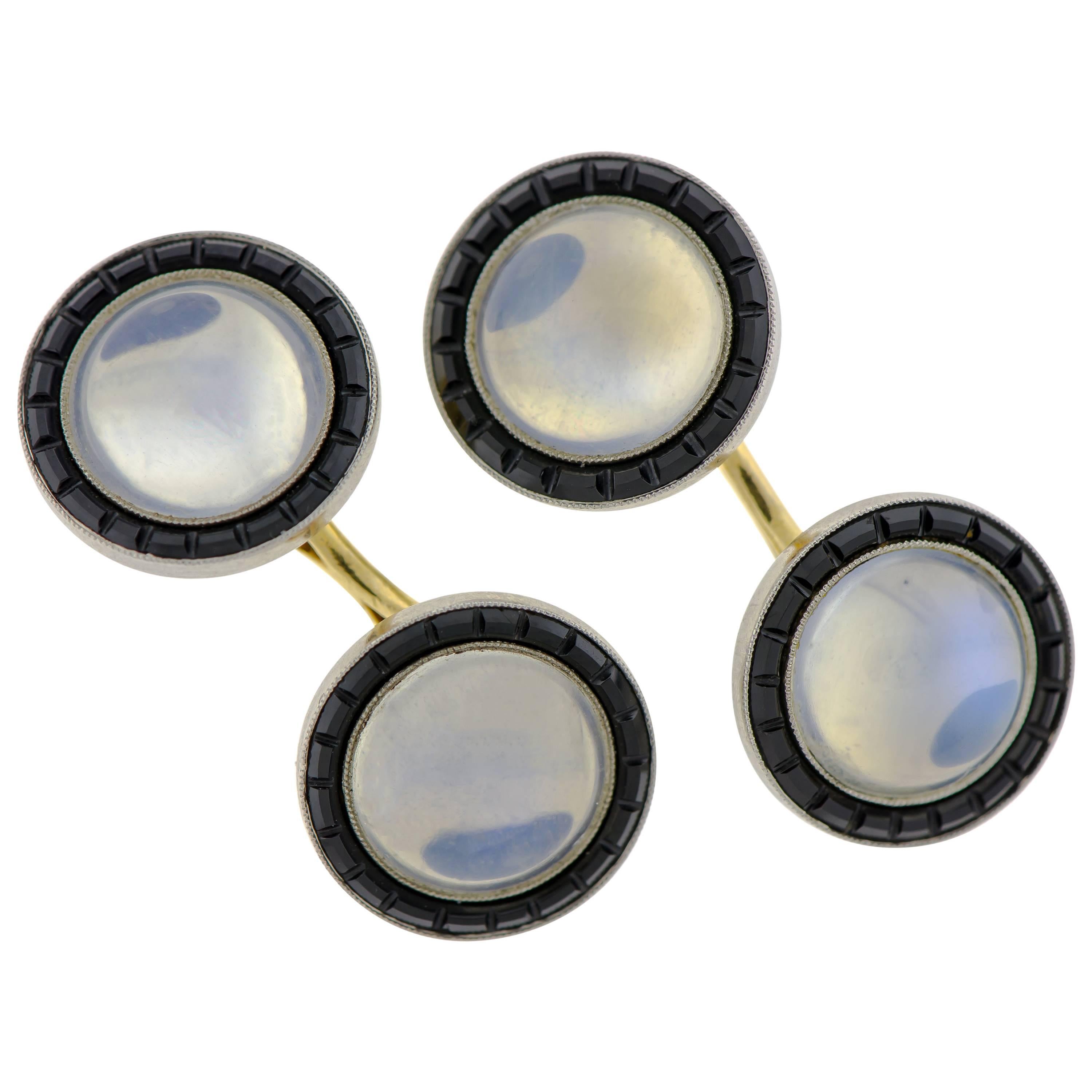Fabulous and Unique Art Deco Moonstone Onyx and Gold Double-Sided Cufflinks For Sale