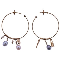 Vintage Louis Vuitton Monogram Charm Pearl Gold Hoop Earrings