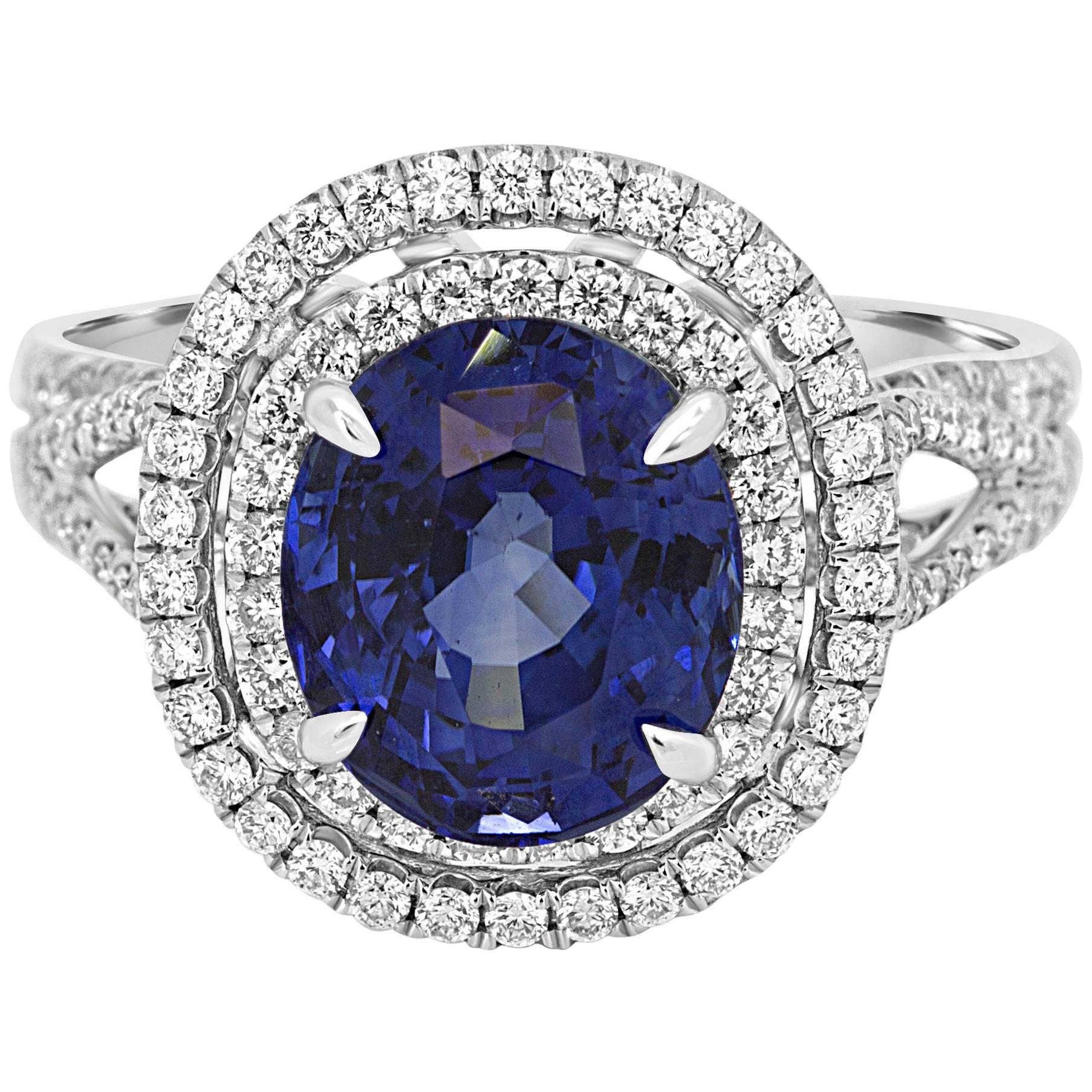 Gia Certified 4.30 Carat Blue Sapphire Diamond Double Halo Bridal Gold Ring