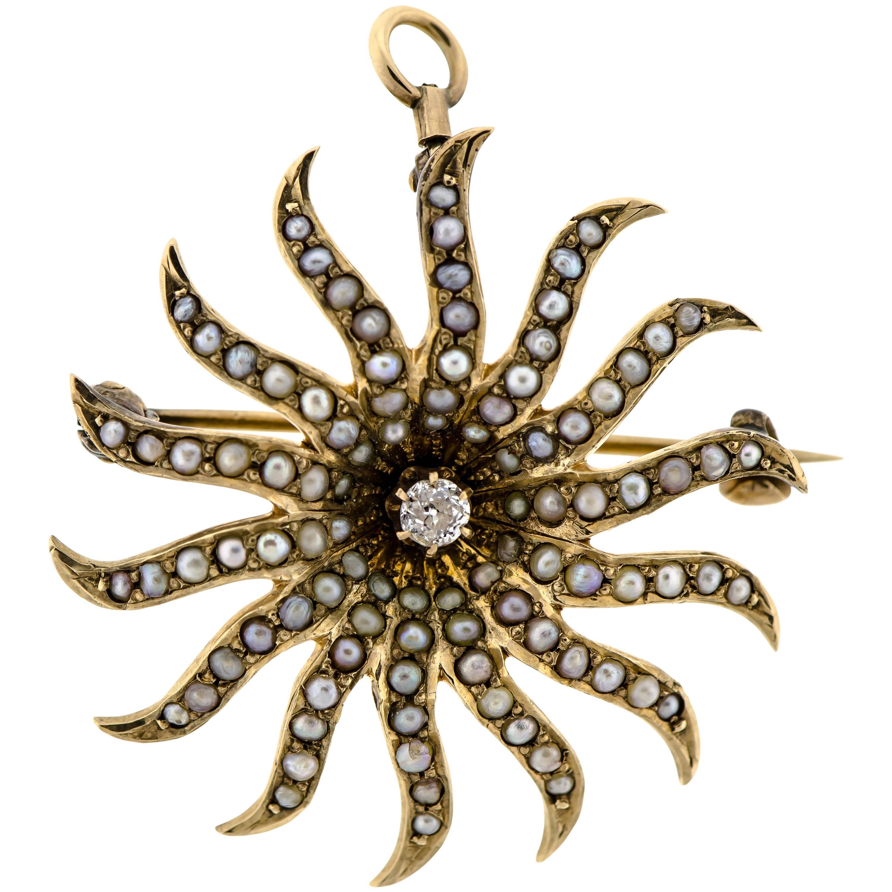 Pretty Victorian Diamond Pearl and Yellow Gold Sunburst Brooch, circa 1900 For Sale