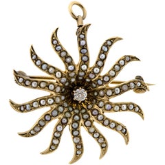 Pretty Victorian Diamond Pearl and Yellow Gold Sunburst Brooch, circa 1900