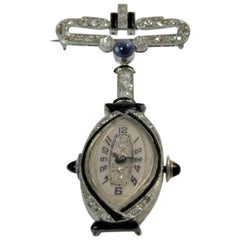 Antique 14K White Gold, Diamond, Onyx and Sapphire Lapel Watch Pin