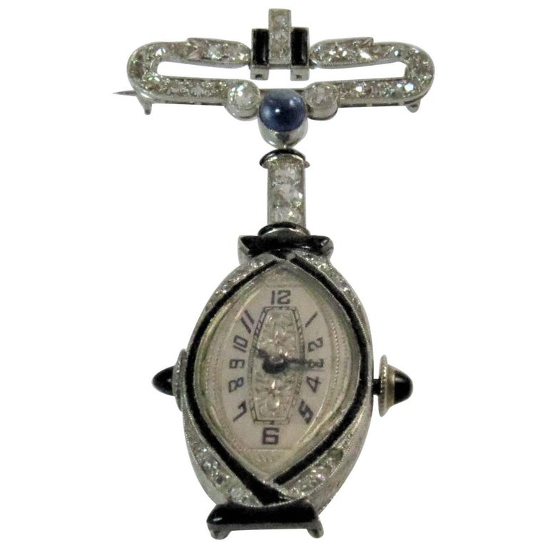 Vintage 14K White Gold, Diamond, Onyx and Sapphire Lapel Watch Pin at