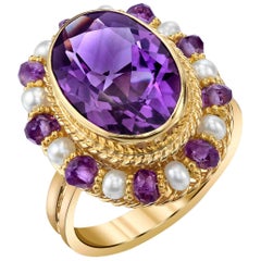 Amethyst 18k Yellow Gold Filigree Ring with Pearls