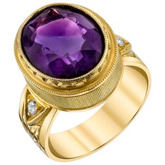 4.87 Carat Bezel Set Amethyst and Diamond Band Ring 18k Yellow Gold 