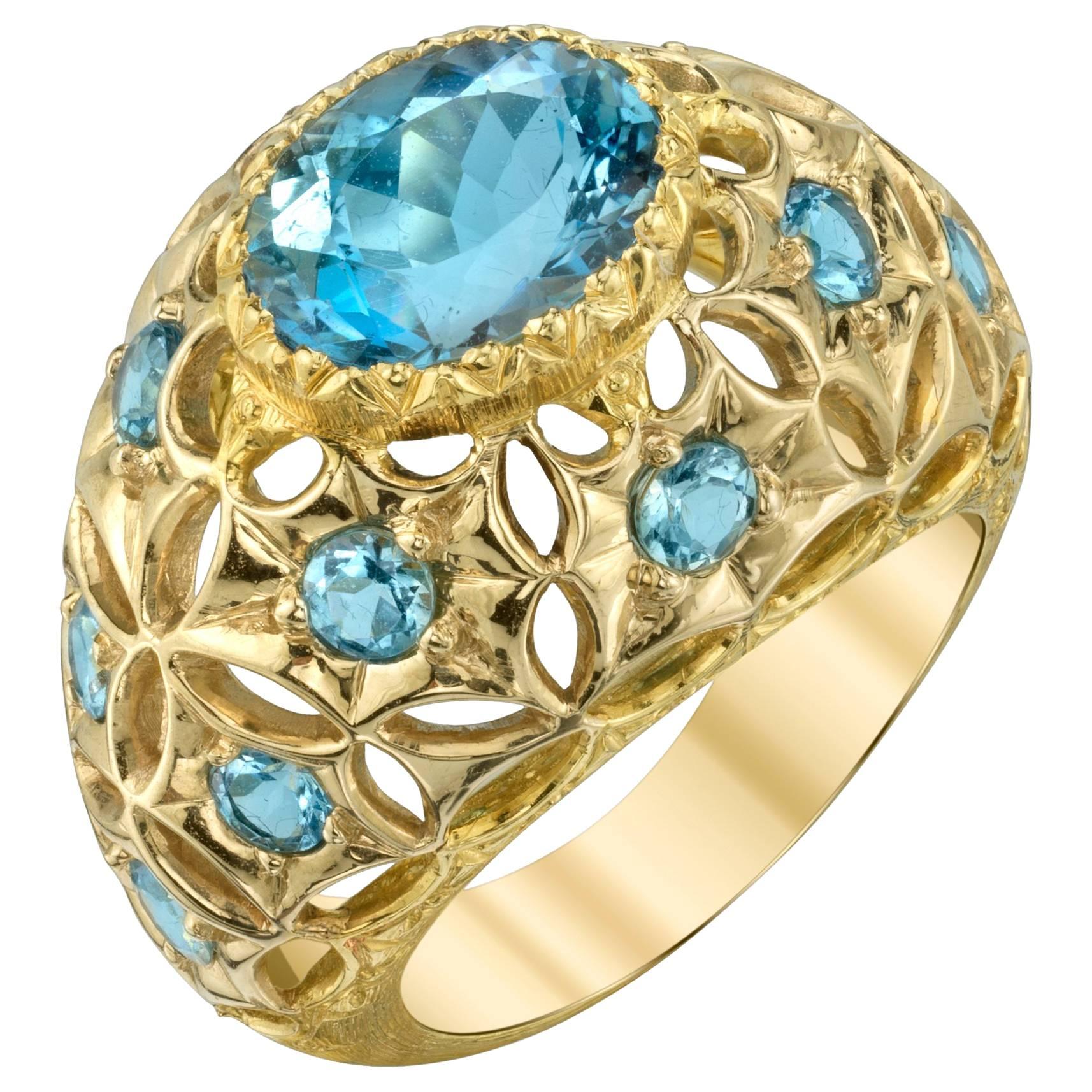 3.03 Carat Aquamarine Oval, Yellow Gold Handmade Florentine Lace Dome Ring