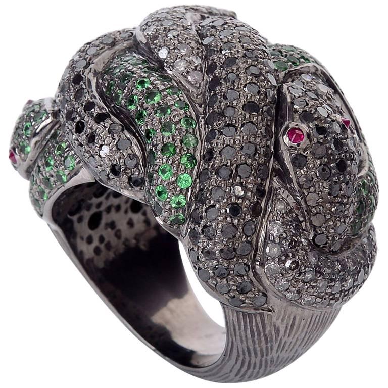 Designer Snake Ring with Diamonds and Tsavorite