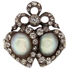 Antique Victorian Silver Topped Gold Natural Pearl Diamond Twin Heart Ring