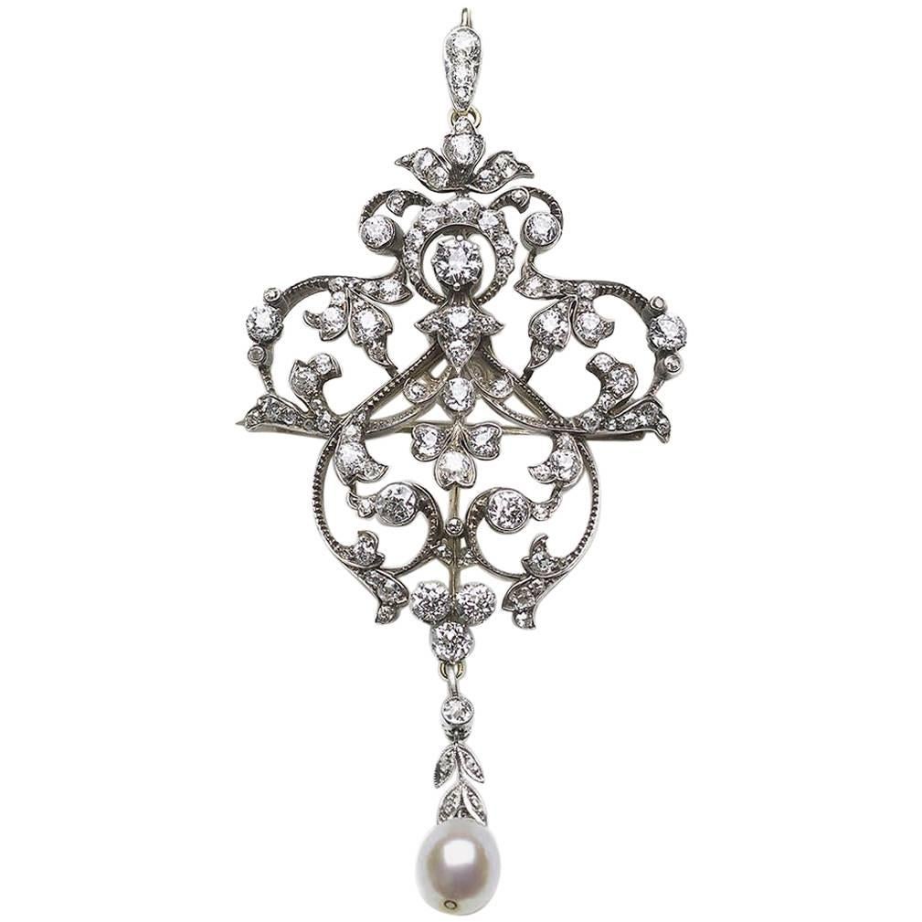 Edwardian Diamond Pearl Brooch Pendant with Hair Comb