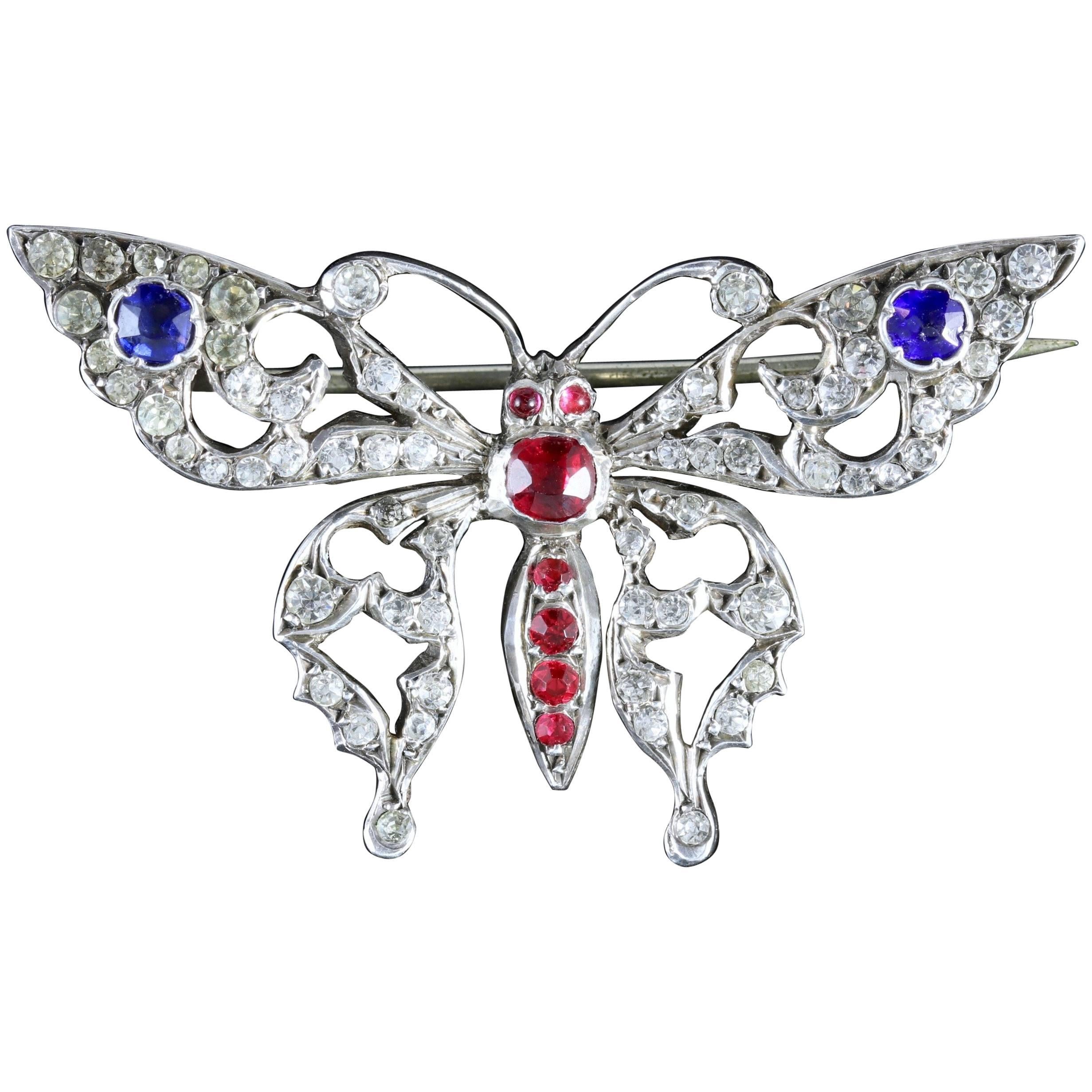 Antique Victorian French Paste Butterfly Brooch, circa 1900 For Sale